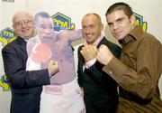 17 August 2006; Former World featherweight champion Barry McGuigan with Irish boxer Bernard Dunne and RTE Commentator Jimmy Magee at the announcement of details of former five time World champion &quot;Sugar&quot; Ray Leonard's upcoming visit to Ireland in October. The highlight of his trip will be a gala dinner held in his honour at the Burlington Hotel which will be compered by Jimmy Magee. Burlington Hotel, Dublin. Picture credit; Matt Browne / SPORTSFILE