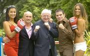 17 August 2006; RTE Commentator Jimmy Magee with former World featherweight champion Barry McGuigan, Irish boxer Bernard Dunne, right, and models Roberta Rowat, extreme right, and Gail Kaneswaren at the announcement of details of former five time World champion &quot;Sugar&quot; Ray Leonard's upcoming visit to Ireland in October. The highlight of his trip will be a gala dinner held in his honour at the Burlington Hotel which will be compered by Jimmy Magee. Burlington Hotel, Dublin. Picture credit; Matt Browne / SPORTSFILE