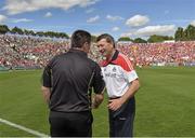 13 July 2014; Cork manager Jimmy Barry Murphy shakes hands with match referee Brian Gavin before the game. Munster GAA Hurling Senior Championship Final, Cork v Limerick, Pairc Uí Chaoimh, Cork. Picture credit: Ray McManus / SPORTSFILE