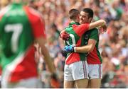 13 July 2014; Mayo's Keith Hopkins and TJ Byrne celebrate after the match. Electric Ireland Connacht GAA Football Minor Championship Final, Mayo v Roscommon, Elverys MacHale Park, Castlebar, Co. Mayo. Picture credit: Ray Ryan / SPORTSFILE