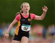 13 July 2014; Emma O'Brien from Blackrock AC, Co. Dublin, after she won the girls under-12 60m. GloHealth Juvenile Track and Field Championships, Tullamore Harriers AC, Tullamore, Co. Offaly. Picture credit: Matt Browne / SPORTSFILE