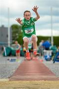 13 July 2014; Kai Haughney, from Cabinteely AC, Co. Dublin, in action during the boys under-13 long jump. GloHealth Juvenile Track and Field Championships, Tullamore Harriers AC, Tullamore, Co. Offaly. Picture credit: Matt Browne / SPORTSFILE