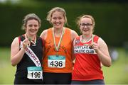 13 July 2014; Aoife Doyle from Star of the Laune AC, Co. Kerry, winner of the girls under-17 discus with second placed Micheala Walsh from Swinford AC, Co. Mayo and 3rd place Seodhna Hoey from Portllaoise AC, Co. Laois. GloHealth Juvenile Track and Field Championships, Tullamore Harriers AC, Tullamore, Co. Offaly. Picture credit: Matt Browne / SPORTSFILE
