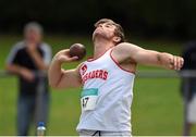 13 July 2014; Brian Egan, from Crusaders AC, Co Dublin, in action during the boys under-18 shot putt. GloHealth Juvenile Track and Field Championships, Tullamore Harriers AC, Tullamore, Co. Offaly. Picture credit: Matt Browne / SPORTSFILE