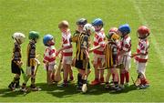 14 July 2014; Players from the Ferns GAA Club, Co. Wexford, wearing red and white shirts, including three year old Paudie Moynihan, third from left, shake hands with the Camross GAA Club, Co. Laois, players after their game. Camross GAA Club, Laois, v Ferns GAA Club, Wexford, Leinster GAA Croke Park Go Games 2014, Croke Park, Dublin. Picture credit: Ray McManus / SPORTSFILE