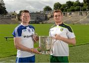 15 July 2014; Conor McManus, Monaghan, left, and Luke Keaney, Donegal, in attendance at an Ulster Senior Football Championship Final press conference.  St Tiernach's Park, Clones, Co. Monaghan. Picture credit: Oliver McVeigh / SPORTSFILE