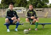 15 July 2014; Conor McManus, Monaghan, left, and Luke Keaney, Donegal, in attendance at an Ulster Senior Football Championship Final press conference.  St Tiernach's Park, Clones, Co. Monaghan. Picture credit: Oliver McVeigh / SPORTSFILE