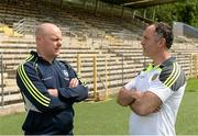 15 July 2014; Monaghan manager Malachy O'Rourke and Donegal assistant manager Damien Diver in attendance at an Ulster Senior Football Championship Final press conference.  St Tiernach's Park, Clones, Co. Monaghan. Picture credit: Oliver McVeigh / SPORTSFILE