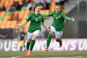 15 July 2014; Clare Shine, left, Republic of Ireland, celebrates after scoring her side's first goal with team-mate Katie McCabe. UEFA Women's U19 Championship Finals, Republic of Ireland v Spain, UKI Arena, Jessheim, Norway. Picture credit: Stephen McCarthy / SPORTSFILE