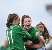 15 July 2014; Clare Shine, center, Republic of Ireland, celebrates after scoring her side's first goal with team-mates Katie McCabe, left, and Sarah Rowe. UEFA Women's U19 Championship Finals, Republic of Ireland v Spain, UKI Arena, Jessheim, Norway. Picture credit: Stephen McCarthy / SPORTSFILE