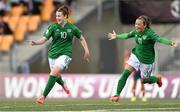 15 July 2014; Clare Shine, left, Republic of Ireland, celebrates after scoring her side's first goal with team-mate Katie McCabe. UEFA Women's U19 Championship Finals, Republic of Ireland v Spain, UKI Arena, Jessheim, Norway. Picture credit: Stephen McCarthy / SPORTSFILE