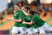 15 July 2014; Clare Shine, left, Republic of Ireland, celebrates after scoring her side's first goal with team-mates Amy O'Connor, right, and Katie McCabe. UEFA Women's U19 Championship Finals, Republic of Ireland v Spain, UKI Arena, Jessheim, Norway. Picture credit: Stephen McCarthy / SPORTSFILE