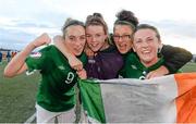 15 July 2014; Republic of Ireland players, left to right, Megan Connolly, Clare Shine, Keeva Keenan and Savannah McCarthy celebrate after the game. UEFA Women's U19 Championship Finals, Republic of Ireland v Spain, UKI Arena, Jessheim, Norway. Picture credit: Stephen McCarthy / SPORTSFILE