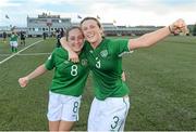 15 July 2014; Republic of Ireland's Amy O'Connor, left, and Savannah McCarthy celebrate after the game. UEFA Women's U19 Championship Finals, Republic of Ireland v Spain, UKI Arena, Jessheim, Norway. Picture credit: Stephen McCarthy / SPORTSFILE