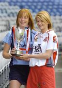 14 August 2006; Dublin captain Ann McCluskey, left, and Derry captain Claire Docherty with the New Ireland Cup at a photocall ahead of the All-Ireland Junior camogie Final to be played between Dublin and Derry on Saturday the 19th of August, Croke Park, Dublin. Picture credit: Damien Eagers / SPORTSFILE