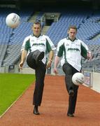 16 August 2006; Dublin footballer Ciaran Whelan and Offaly goalkeeper Padraic Kelly practice their kicking at the launch of the 7th annual MBNA Kick Fada competition, which will take place at Bray Emmets GAA Club, Bray, Co. Wicklow, on Saturday, September 9th. Croke Park, Dublin. Picture credit: Pat Murphy / SPORTSFILE