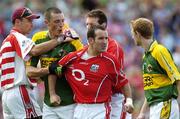 20 August 2006; Cork's Kieran O'Connor is restrained from Kerry's Colm Cooper by Kieran Donaghy, Kerry, and team-mates Alan Quirke, left, and Derek Kavanagh. Bank of Ireland All-Ireland Senior Football Championship Semi-Final, Kerry v Cork, Croke Park, Dublin. Picture credit: Brendan Moran / SPORTSFILE