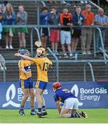 16 July 2014; Shane O'Donnell, Clare, left, celebrates with team-mate Aaron Cunningham after scoring a goal during the second half of extra time. Bord Gais Energy Munster GAA Hurling Under 21 Championship Semi-Final, Clare v Tipperary, Cusack Park, Ennis, Co. Clare Picture credit: Diarmuid Greene / SPORTSFILE