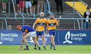 16 July 2014; Shane O'Donnell, Clare, right, celebrates with team-mate Aaron Cunningham after scoring a goal during the second half of extra time. Bord Gais Energy Munster GAA Hurling Under 21 Championship Semi-Final, Clare v Tipperary, Cusack Park, Ennis, Co. Clare Picture credit: Diarmuid Greene / SPORTSFILE