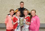 16 July 2014; In attendance at the launch of 2014 GAA Hurling Championship All-Ireland Series is Kilkenny's Lester Ryan with St Joseph's Doora Barefield players, from left, Amy Ward, Ballymoe, Caoilfhíonn Ní Chonaill, Barefield, Emma Towey, Barefield and Roisín Dillon, Barefield and the Liam MacCarthy Cup. St. Joseph’s Doora Barefield GAA Club, Co. Clare. Picture credit: Brendan Moran / SPORTSFILE