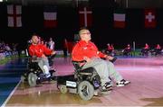 17 July 2014; Members of the Denmark team during the parade at the opening ceremony of the European Powerchair Football Nations Cup. University of Limerick, Limerick. Picture credit: Diarmuid Greene / SPORTSFILE