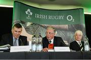 18 July 2014; IRFU officials, left to right, Chief Executive Philip Browne, Incoming President Louis Magee, and Honorary Treasurer Tom Grace in attendance at the IRFU Annual Council Meeting, Aviva Stadium, Lansdowne Road, Dublin. Picture credit: Dáire Brennan / SPORTSFILE