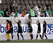 18 July 2014; Republic of Ireland players celebrate with supporters after the game. UEFA Women's U19 Championship Final, Republic of Ireland v England, Mjøndalen Stadium, Mjondalen, Norway. Picture credit: Morten Olsen / SPORTSFILE