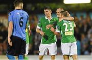 18 July 2014; Mark O'Sullivan, Cork City, right, celebrates with team-mates Colin Healy and Brian Lenihan, after scoring his side's second goal. SEE Airtricity League Premier Division, Cork City v UCD, Turner's Cross, Cork. Picture credit: Diarmuid Greene / SPORTSFILE