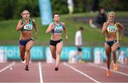 19 July 2014; Kelly Proper, left, Ferrybank AC, Waterford, leads Steffi Creaner, centre, Dublin City Harriers AC, and Sarah Lavin, UCD AC, on her way to winning the Women's 200m Final. GloHealth Senior Track and Field Championships, Morton Stadium, Santry, Co. Dublin. Picture credit: Brendan Moran / SPORTSFILE
