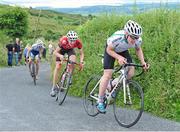 19 July 2014; Darnell Moore, Cycling Ulster, leads Sean Noon, Edinburgh RC, and Caimhin Muldoon, Nicolas Roche Performance Team, on the approach to the summit of the Category 1 climb of Gallows Hill at the finish of Stage 5 of the 2014 International Junior Tour of Ireland, Ennis - Gallows Hill, Co. Clare. Picture credit: Stephen McMahon / SPORTSFILE