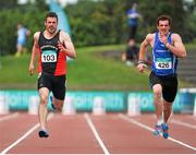 19 July 2014; David Hynes, left, Menapians A.C., Co. Wexford, and Eanna Madden, from Carrick-on-Shannon AC, Co. Leitrim, on their way to finishing in a dead heat in the Men's 200m Final. GloHealth Senior Track and Field Championships, Morton Stadium, Santry, Co. Dublin. Picture credit: Ashleigh Fox / SPORTSFILE