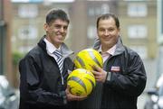 22 August 2006; Dubliner Paul Dempsey, left, has returned to Ireland to front this season’s Champions League coverage on Setanta Sports television. He will join Premiership presenter Pat Dolan, right, on the Setanta Sports soccer team. Paul, who made his name as the face of boxing on Sky Sports, has moved back to Dublin and will begin working on Setanta Sports this September. His first programme will be on the opening night of the Champions League – Tuesday September 12th. South Princes Street, Dublin. Picture credit: Brendan Moran / SPORTSFILE