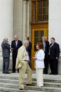 23 August 2006; Members of the London 2012 Olympics Task Force in conversation ahead of their first meeting at Government Buildings, are, front, Ossie Kilkenny, Chairman of the Irish Sports Council and Olive Braiden, Chairperson of the Arts Council, and back, from left, Dan Flinter, former Chief Executive of Enterprise Ireland, Chairman of the Athens Review, Ray Rooney, former Senior Steward of the Turf Club, Paul O'Toole, Chief Executive, Tourism Ireland, Noel Murphy, former President of the IRFU and IRB Council Member and Des Casey, former Honorary Secretary of the FAI and UEFA Life Member. Government Buildings, Kildare Street, Dublin. Picture credit: Brendan Moran / SPORTSFILE