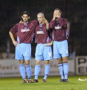 24 August 2006; Graham Gartland, Drogheda United, right, with team-mates Jason Gavin, left, and Paul Keegan, after missing his first penalty UEFA Cup, Second Qualifying Round, Second Leg, Drogheda United v IK Start, Dalymount Park, Dublin. Picture credit: Brian Lawless / SPORTSFILE