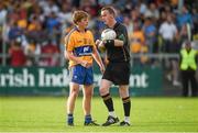 19 July 2014; Pádraic Collins, Clare, speaks to match referee Joe McQuillan after the final whistle. GAA Football All Ireland Senior Championship, Round 3B, Clare v Kildare, Cusack Park, Ennis, Co. Clare. Picture credit: Diarmuid Greene / SPORTSFILE