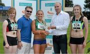 19 July 2014; Jim Dowdall, CEO, GloHealth, presents the gold medal for the Women's Long Jump to Kelly Proper, Ferrybank AC, Waterford, in the company of silver medallist Annie Stafford, left, Menapians AC, Wexford, and bronze medallist Karen Blaney, Navan AC, Meath. GloHealth Senior Track and Field Championships, Morton Stadium, Santry, Co. Dublin. Picture credit: Brendan Moran / SPORTSFILE