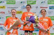 20 July 2014; Michelle McGee, centre, winner of the Women's  Fingal 10K - SSE Airtricity Dublin Race Series 2014, with Ailish Malone, right, second place and Fiona Stack, third place. Fingal 10K - SSE Airtricity Dublin Race Series 2014. Swords, Co. Dublin. Picture credit: David Maher / SPORTSFILE