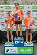 20 July 2014; Paddy Hamilton, centre, winner of the Men's  Fingal 10K - SSE Airtricity Dublin Race Series 2014, with Mark Hoey, right, second place and Simon Ryan, third place. Fingal 10K - SSE Airtricity Dublin Race Series 2014. Swords, Co. Dublin. Picture credit: David Maher / SPORTSFILE
