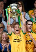 20 July 2014; The Donegal captain Niall Harley lifts the cup. Electric Ireland Ulster GAA Football Minor Championship Final, Armagh v Donegal, St Tiernach's Park, Clones, Co. Monaghan. Photo by Sportsfile