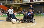 20 July 2014; Mohamed Ghelami, France, in action against Jon Bolding, England. European Powerchair Football Nations Cup Final, England v France, University of Limerick, Limerick. Picture credit: Diarmuid Greene / SPORTSFILE