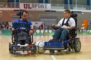 20 July 2014; France captain Erwan Conq, in action against Ed Common, England. European Powerchair Football Nations Cup Final, England v France, University of Limerick, Limerick. Picture credit: Diarmuid Greene / SPORTSFILE