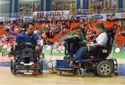 20 July 2014; France captain Erwan Conq, in action against England goalkeeper Marcus Harrison, centre, and Ed Common, right. European Powerchair Football Nations Cup Final, England v France, University of Limerick, Limerick. Picture credit: Diarmuid Greene / SPORTSFILE
