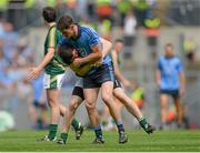 20 July 2014; Diarmuid Connolly, Dublin, tussles with Donncha Tobin, Meath, before both players were shown the yellow card by referee Padraig Hughes, not pictured. Leinster GAA Football Senior Championship Final, Dublin v Meath, Croke Park, Dublin. Picture credit: Piaras Ó Mídheach / SPORTSFILE