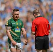 20 July 2014; Michael Burke, Meath, in conversation with referee Padraig Hughes before being shown the yellow card. Leinster GAA Football Senior Championship Final, Dublin v Meath, Croke Park, Dublin. Picture credit: Piaras Ó Mídheach / SPORTSFILE