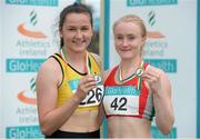 20 July 2014; Joint winners Phil Healy, left, Bandon AC, Cork and Amy Foster, City of Lisburn AC, Antrim, with their medals after finishing in a dead heat in the Women's 100m Final. GloHealth Senior Track and Field Championships, Morton Stadium, Santry, Co. Dublin. Picture credit: Brendan Moran / SPORTSFILE