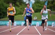 20 July 2014; Jamie Davis, 248, Raheny Shamrocks AC, Dublin, leads eventual second placed Eanna Madden, 426, Carrick-on-Shannon AC, Leitrim, and eventual fifth placed David Quilligan, Leevale AC, Cork, on his way to winning the Men's 100m Final. GloHealth Senior Track and Field Championships, Morton Stadium, Santry, Co. Dublin. Picture credit: Brendan Moran / SPORTSFILE