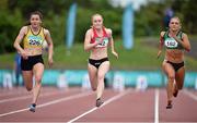 20 July 2014; Joint winners Phil Healy, left, Bandon AC, Cork and Amy Foster, centre, City of Lisburn AC, Antrim, on their way to finishing in a dead heat in the Women's 100m Final ahead of third placed Kelly Proper, right, Ferrybank AC, Waterford. GloHealth Senior Track and Field Championships, Morton Stadium, Santry, Co. Dublin. Picture credit: Brendan Moran / SPORTSFILE