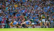 20 July 2014; Meath players, including Michael Burke, centre, rush in to seperate Dublin's Eoghan O'Gara from Meath full back Kevin Reilly and Meath goalkeeper Patrick O'Rourke from Dublin's Cormac Costello late in the game. Leinster GAA Football Senior Championship Final, Dublin v Meath, Croke Park, Dublin. Picture credit: Ray McManus / SPORTSFILE