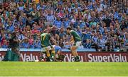 20 July 2014; Meath players Michael Burke, left, and Eoghan Harrington, rush in to seperate Dublin's Eoghan O'Gara from Meath full back Kevin Reilly late in the game. Leinster GAA Football Senior Championship Final, Dublin v Meath, Croke Park, Dublin. Picture credit: Ray McManus / SPORTSFILE