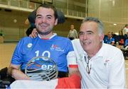 20 July 2014; France captain Erwan Conq and head coach Bernard Berthouloux celebrate with the trophy after victory over England. European Powerchair Football Nations Cup Final, England v France, University of Limerick, Limerick. Picture credit: Diarmuid Greene / SPORTSFILE